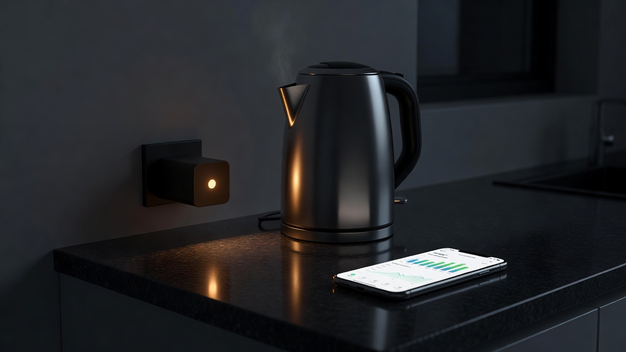 Smart plug with a glowing indicator powering a kettle on a dark kitchen worktop, phone showing an energy reading beside it