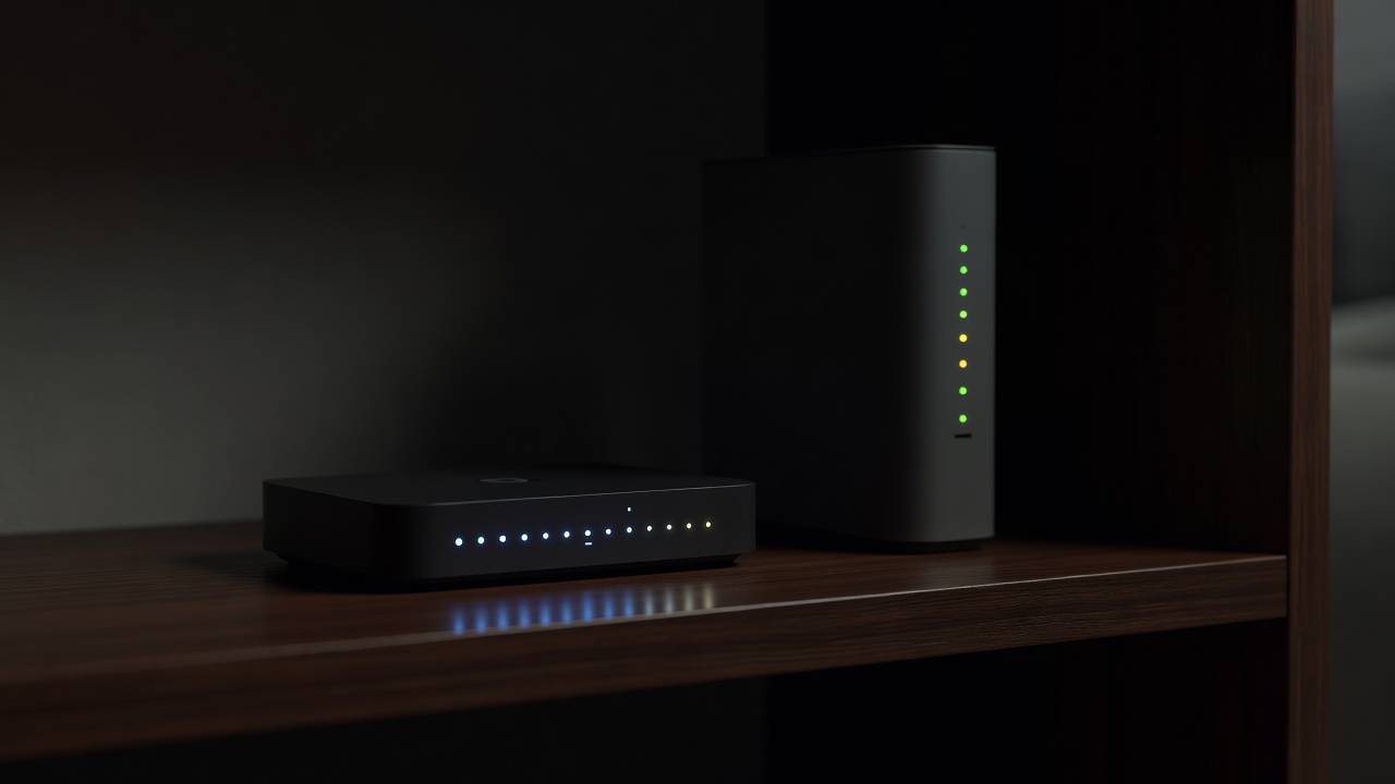 Smart home hub and router on a wooden shelf, status lights glowing in a dark room