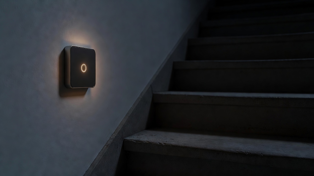 Smart dimmer switch glowing softly on a stairwell wall at night with deep shadows on the steps