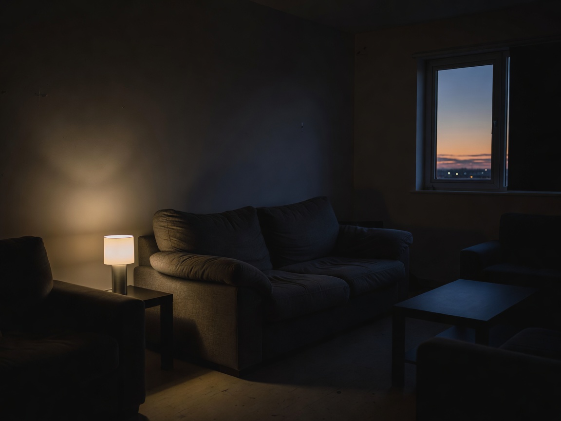 Our rented test flat living room at dusk, one smart lamp lighting a sofa in deep shadow